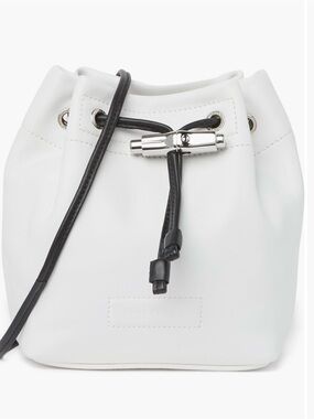 Longchamp White Leather Mini Drawstring Bucket Bag with Black Strap